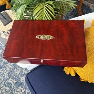 Large Vintage Cherry Wood Jewelry Box with Brass Detail